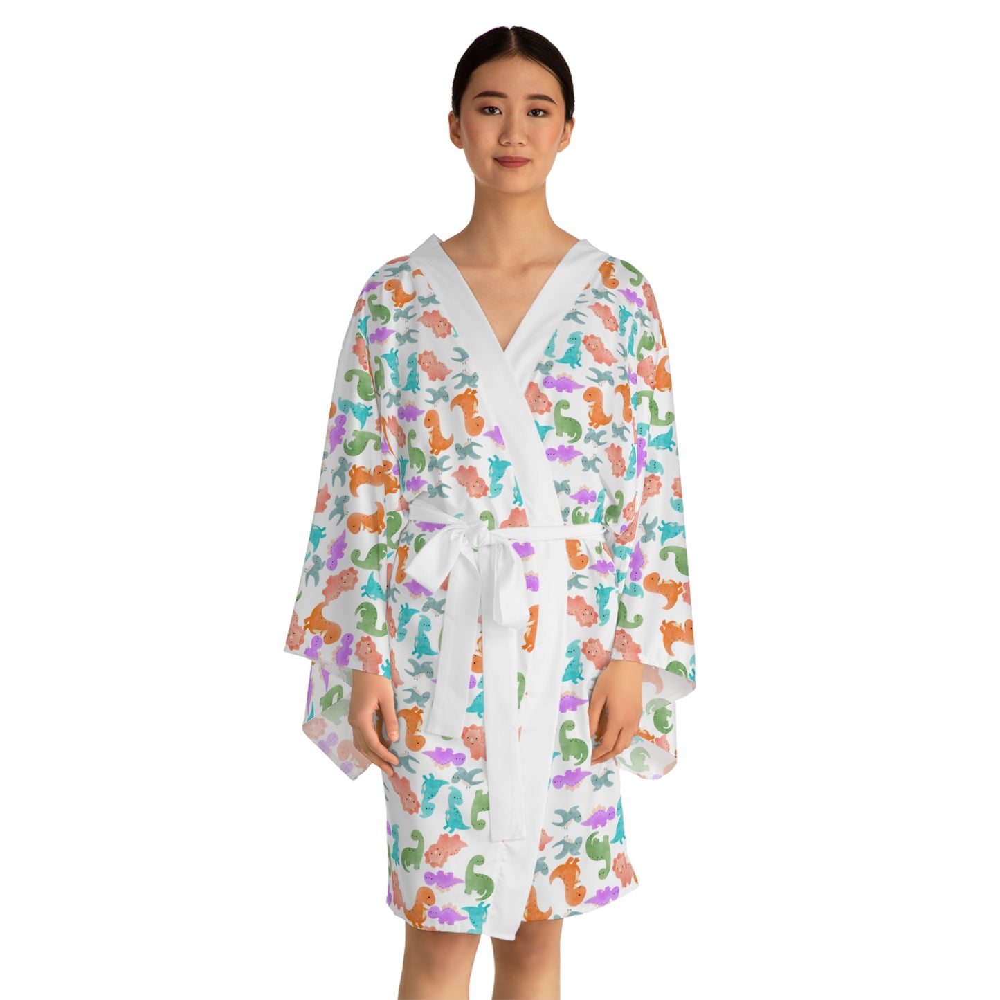 Vibrant Dino Print Long Sleeve Kimono Robe for Relaxation Loungewear Gift Summer Nights Cozy Style Rainbow Dinos Pink