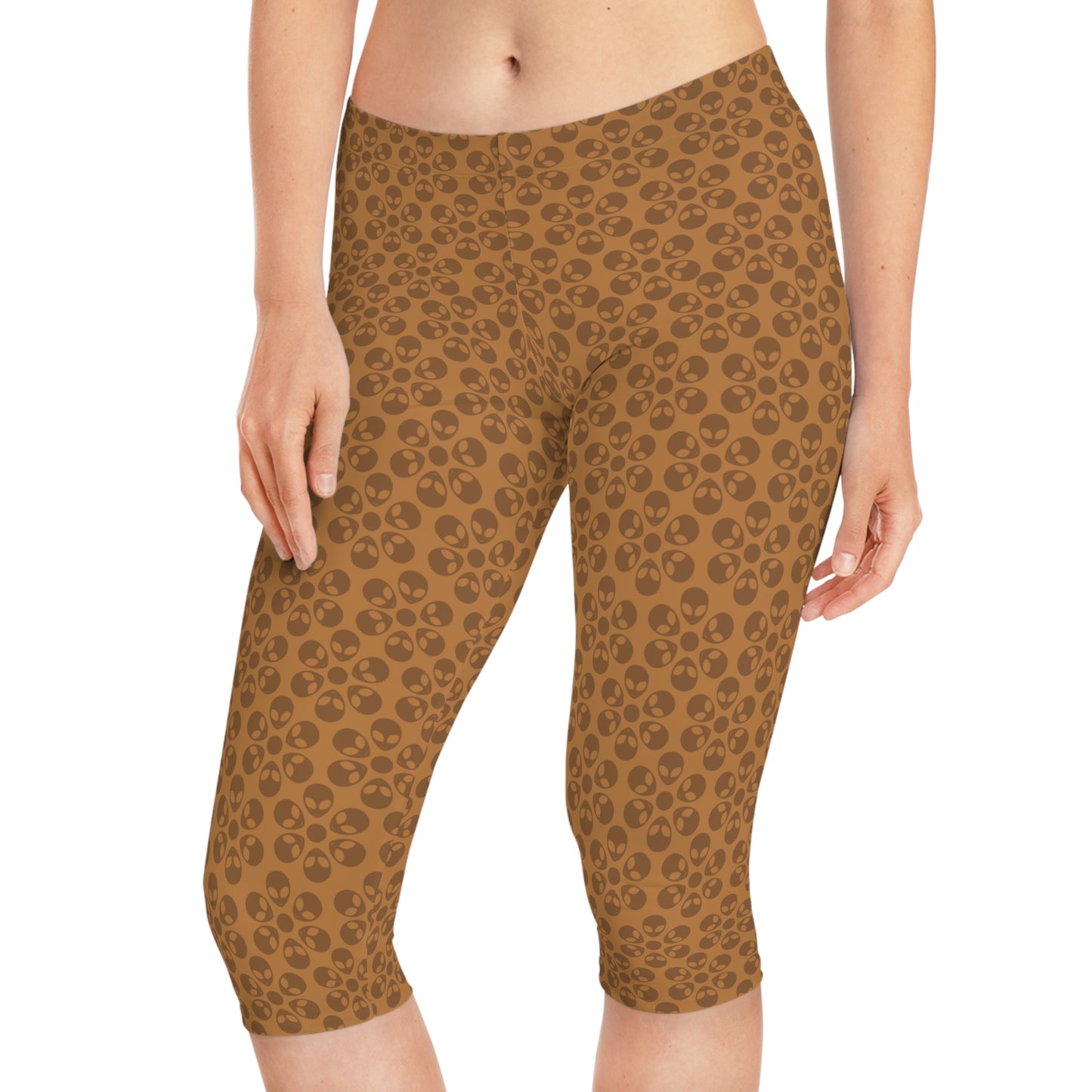 Womens Capri Leggings Alien Flowers Light Brown