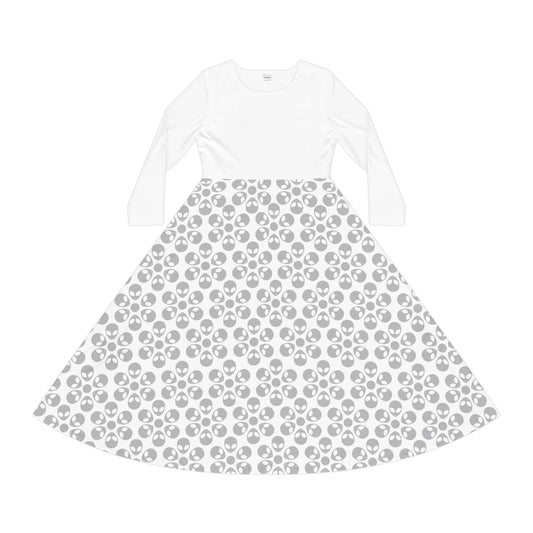 Womens Long Sleeve Dance Dress Alien Flowers White