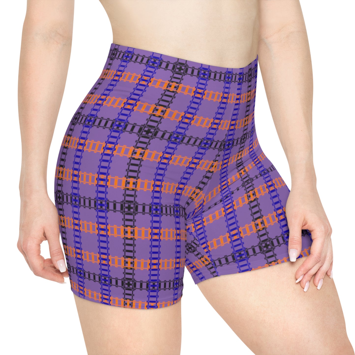 Stylish Womens Biker Shorts  Plaid Pattern Comfortable Activewear Summer Essentials Workout Gear Casual Fashion Gift Idea Train Tracks Light Purple