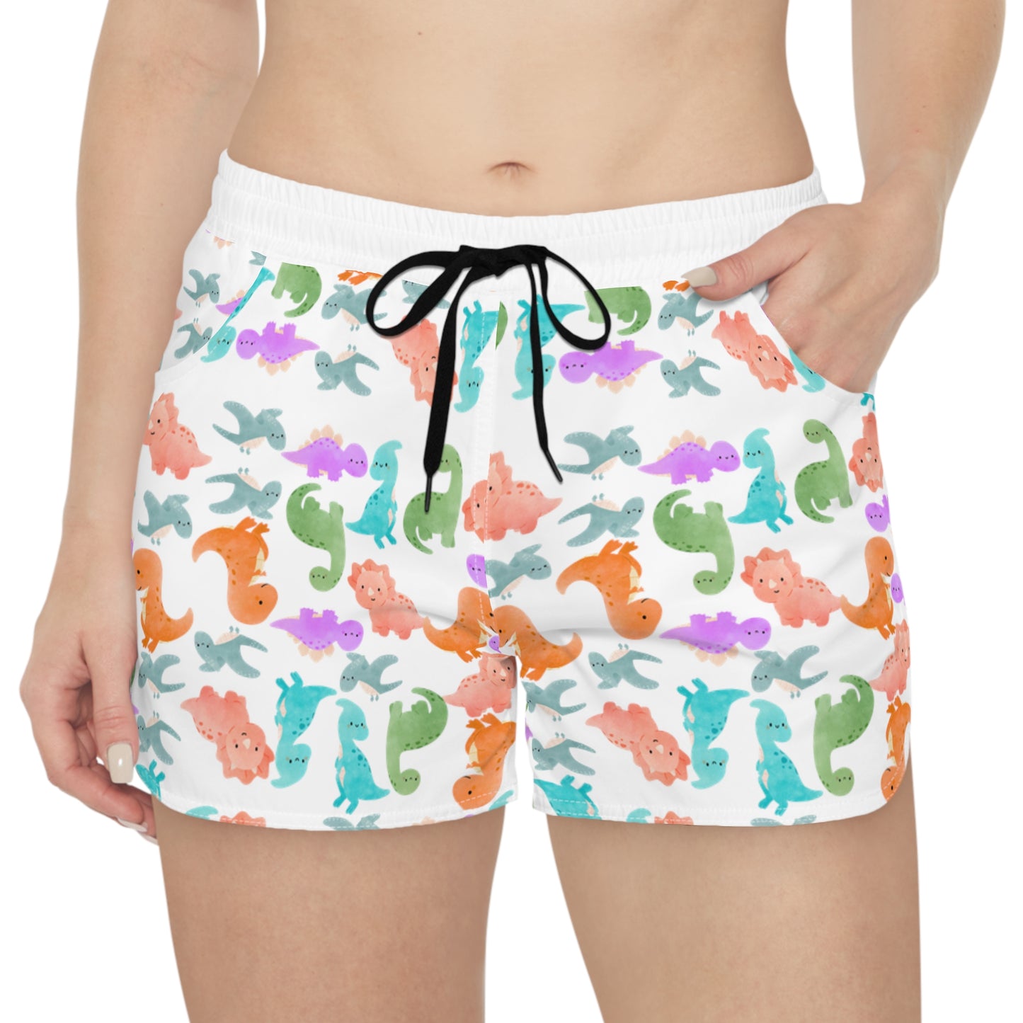 Whimsical Dino Print Casual Shorts for Women Fun Summer Loungewear Cute Animal Pajama Shorts Gifts for Dinosaur Lovers Cute Shorts Rainbow Dinos Pink