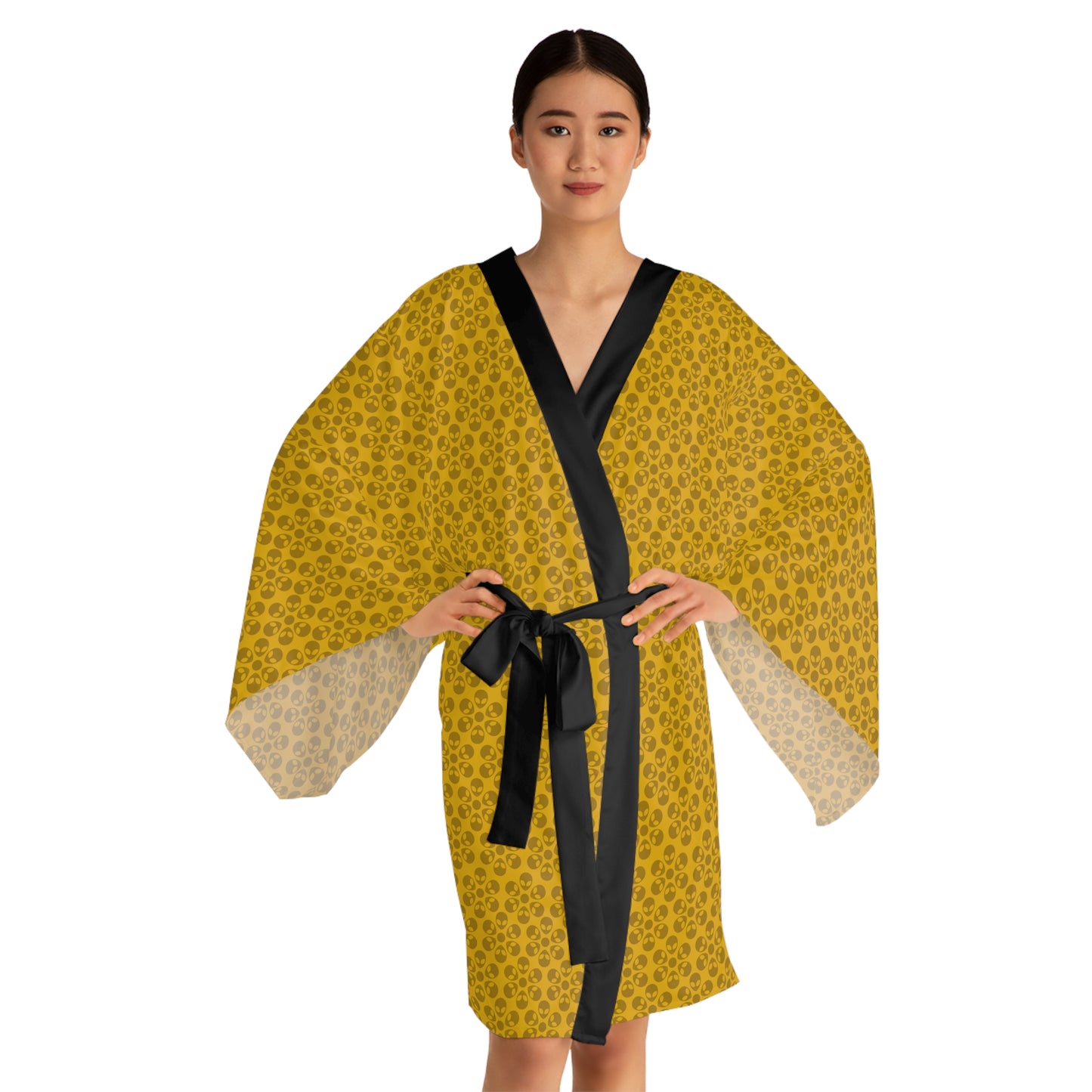 Chic Floral Long Sleeve Kimono Robe Bohemian Loungewear Relaxation Gift Spa Day Essential Cozy Home Attire Trendy Style Alien Flowers Yellow