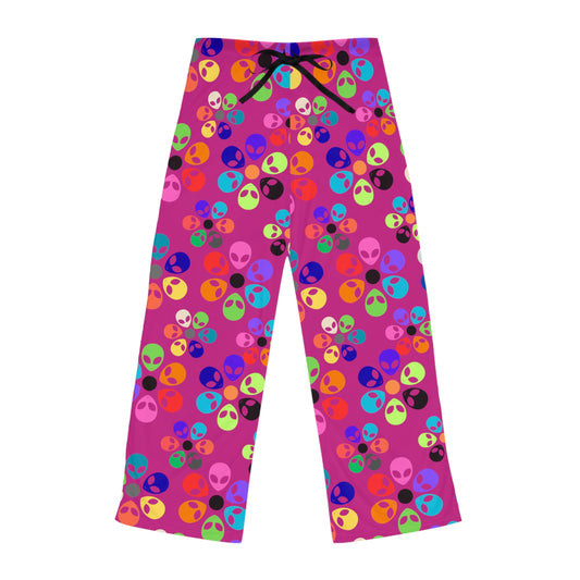 Colorful Alien Print Womens Pajama Pants Fun Loungewear Sleepwear for Alien Lovers Great Gift for Birthdays Relaxation Alien Rainbow Flowers Pink