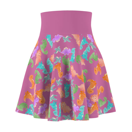 Colorful Dino Print Womens Skater Skirt Cute Summer Skirt Fun Fashion Piece Beach Outfit Gift for Animal Lovers Casual Wear Rainbow Dinos Light Pink