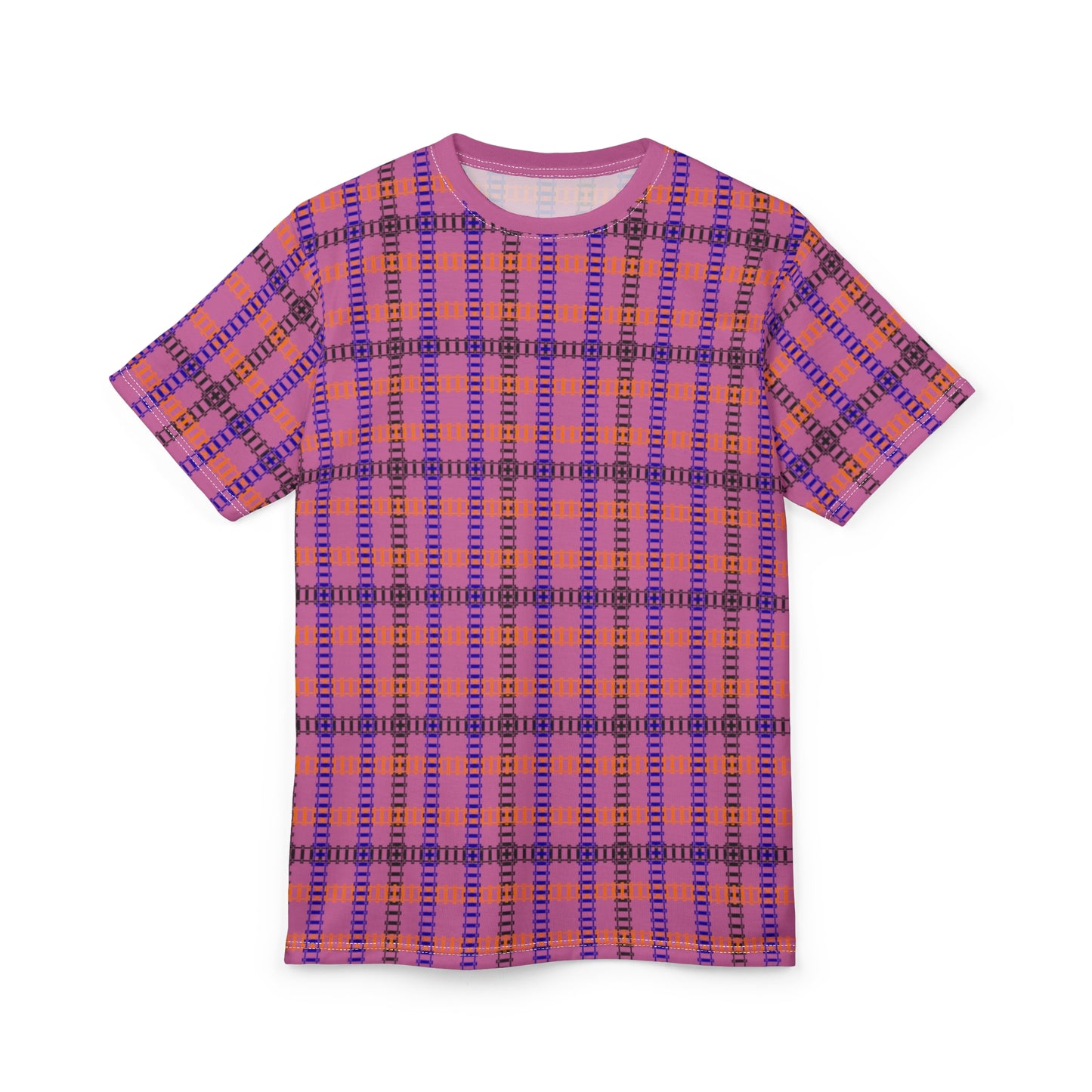 Stylish Plaid Unisex Tee for Everyday Wear Casual Graphics Tee Unique Patterned TShirt Trendy Streetwear Top Perfect Gift for Friends Train Tracks Light Pink