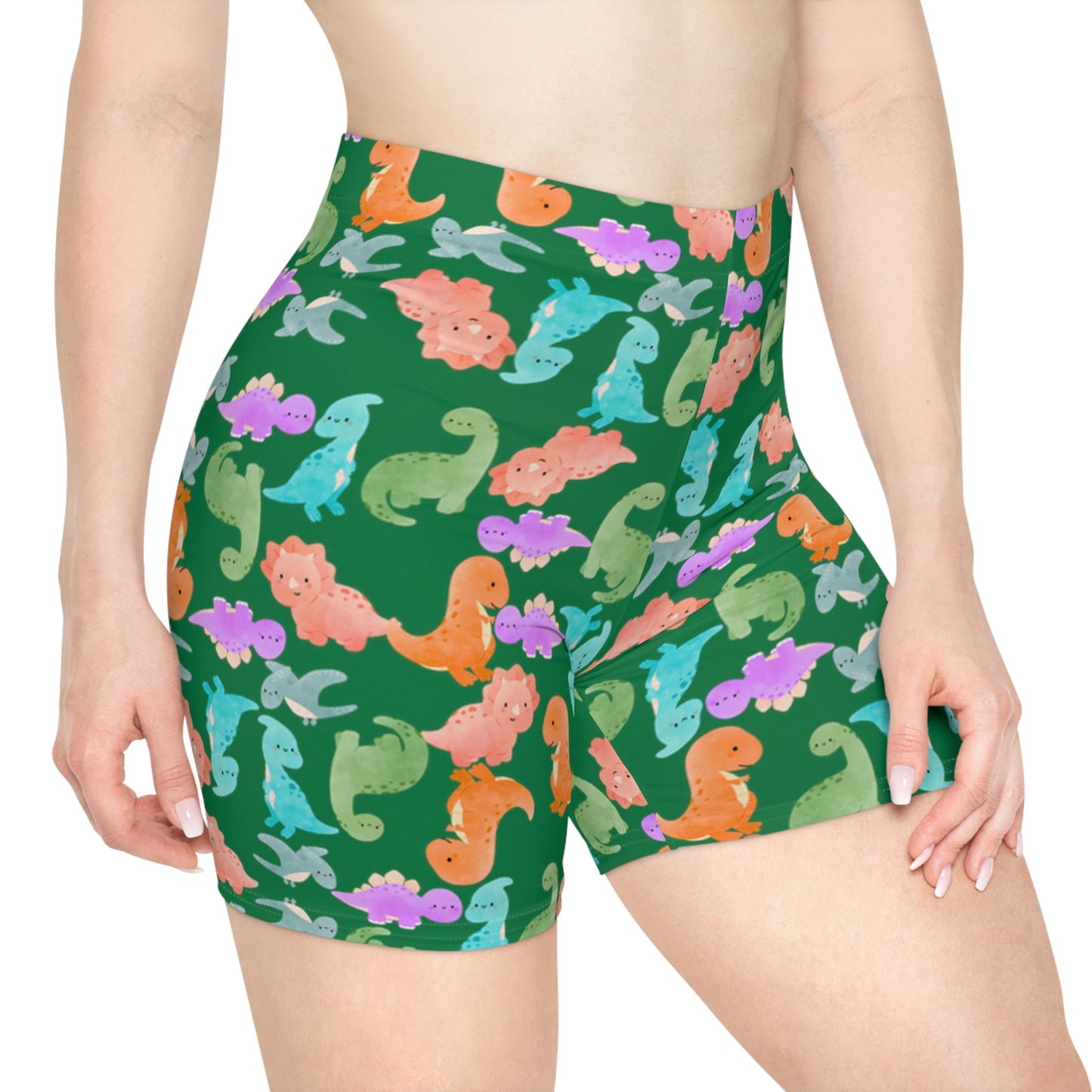 Colorful Dinosaur Womens Biker Shorts  AOP Perfect for Casual Wear workout Summer Birthdays Playdates Unique Gift Rainbow Dinos Dark Green