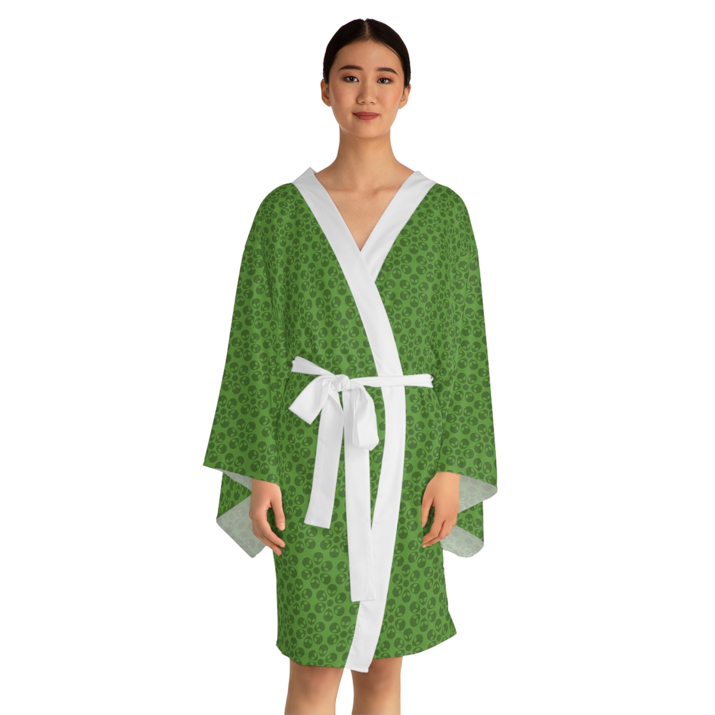 Chic Floral Long Sleeve Kimono Robe Bohemian Loungewear Relaxation Gift Spa Day Essential Cozy Home Attire Trendy Style Alien Flowers Green