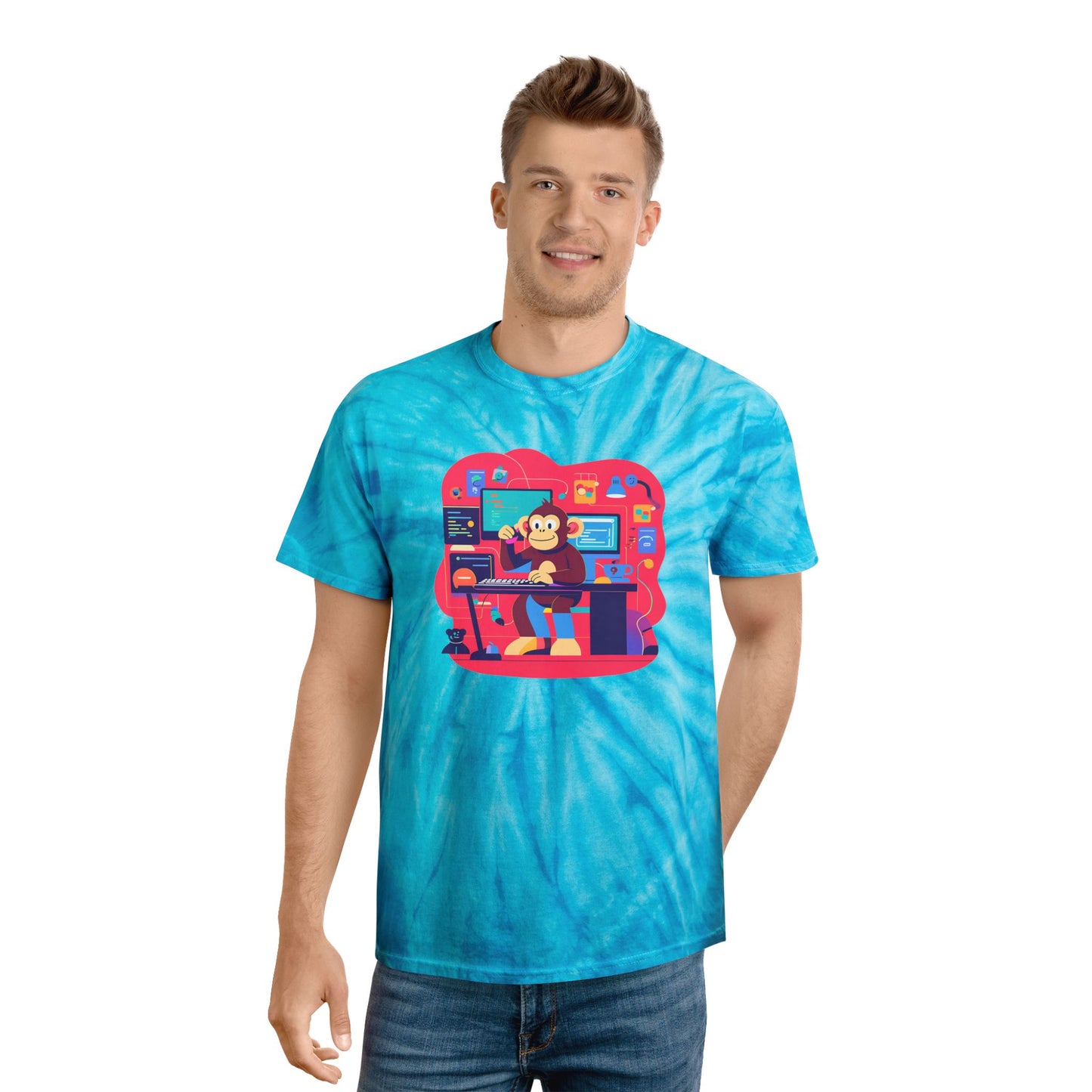 Cheerful Tie-Dye Tee, Cyclone Monkey Graphic, Casual Summer Shirt, Fun Gift for Gamers, Bright Festival Wear, Artistic Streetwear
