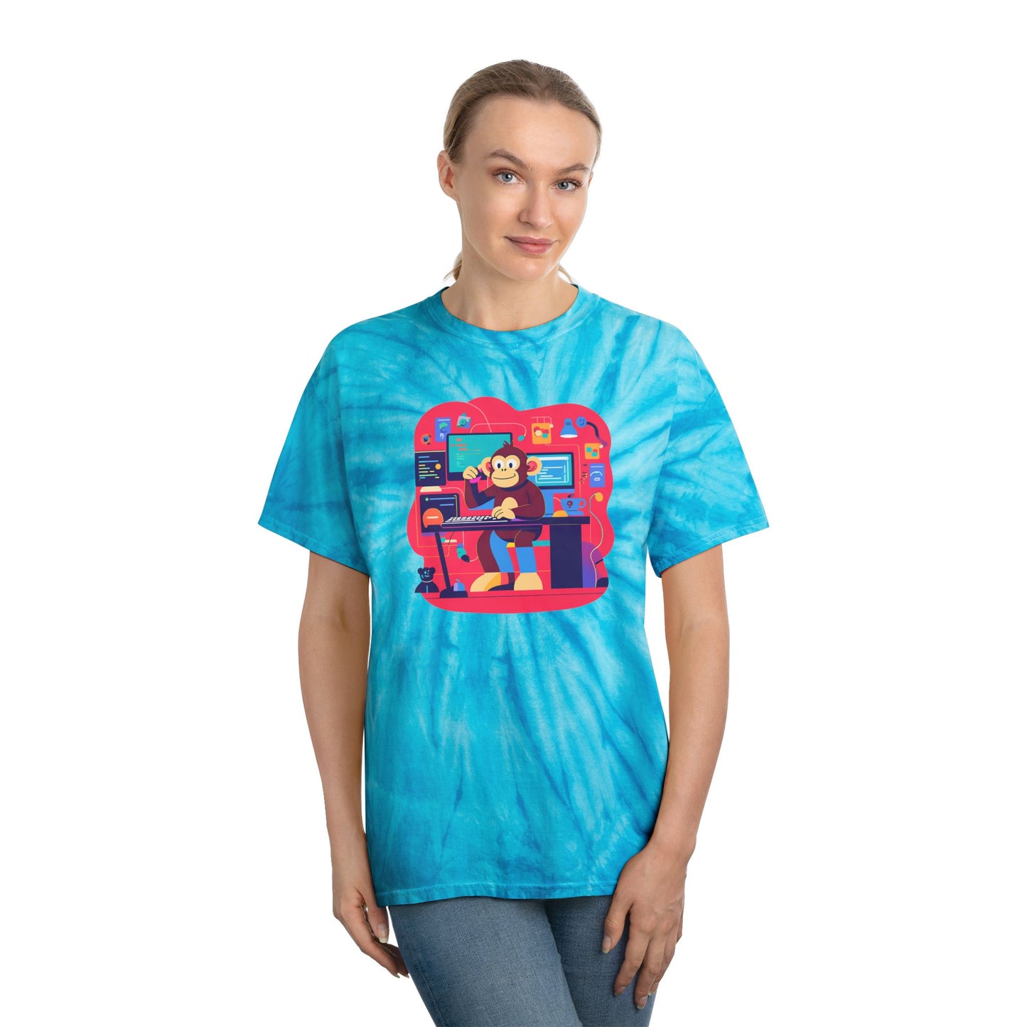 Cheerful Tie-Dye Tee, Cyclone Monkey Graphic, Casual Summer Shirt, Fun Gift for Gamers, Bright Festival Wear, Artistic Streetwear