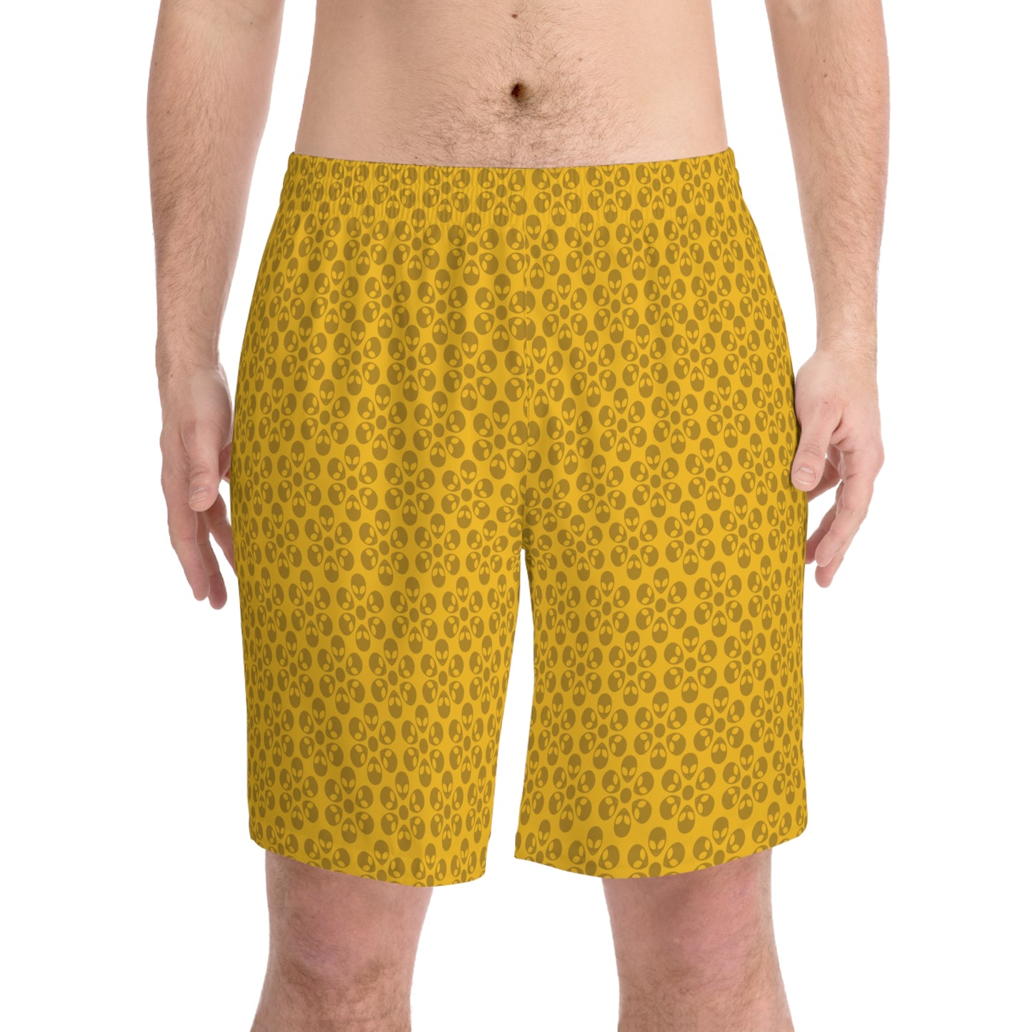 Mens Elastic Beach Shorts  Alien Flowers Yellow