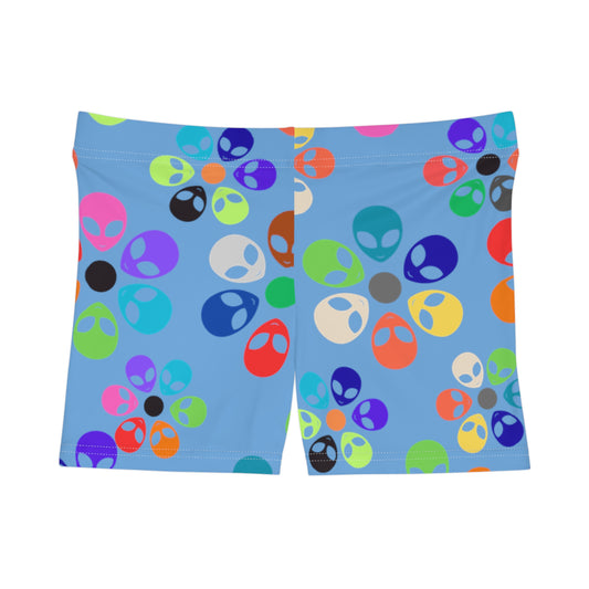 Colorful Alien Floral Womens Shorts Fun Summer Wear Vacation Shorts Festival Outfit Unique Gift for Her Alien Rainbow Flowers Light Blue