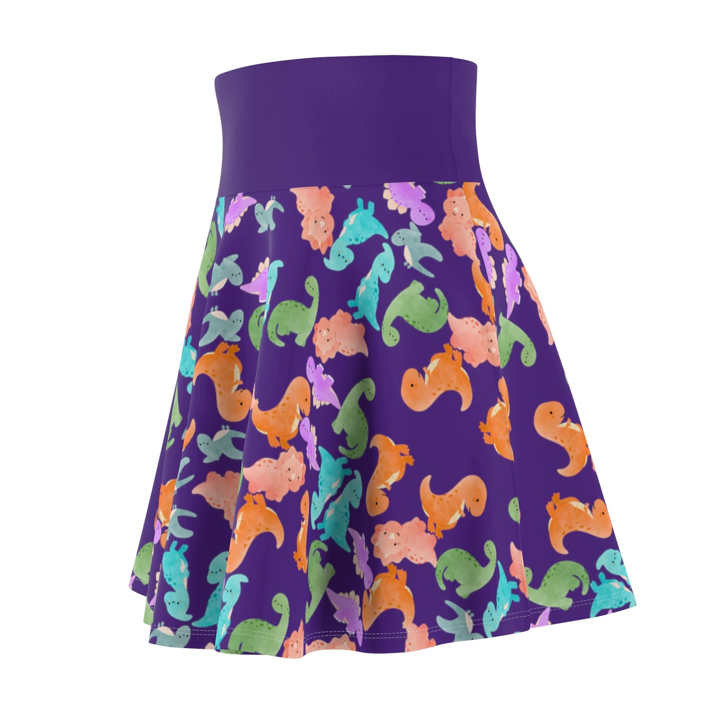Colorful Dino Print Womens Skater Skirt Cute Summer Skirt Fun Fashion Piece Beach Outfit Gift for Animal Lovers Casual Wear Rainbow Dinos Purple