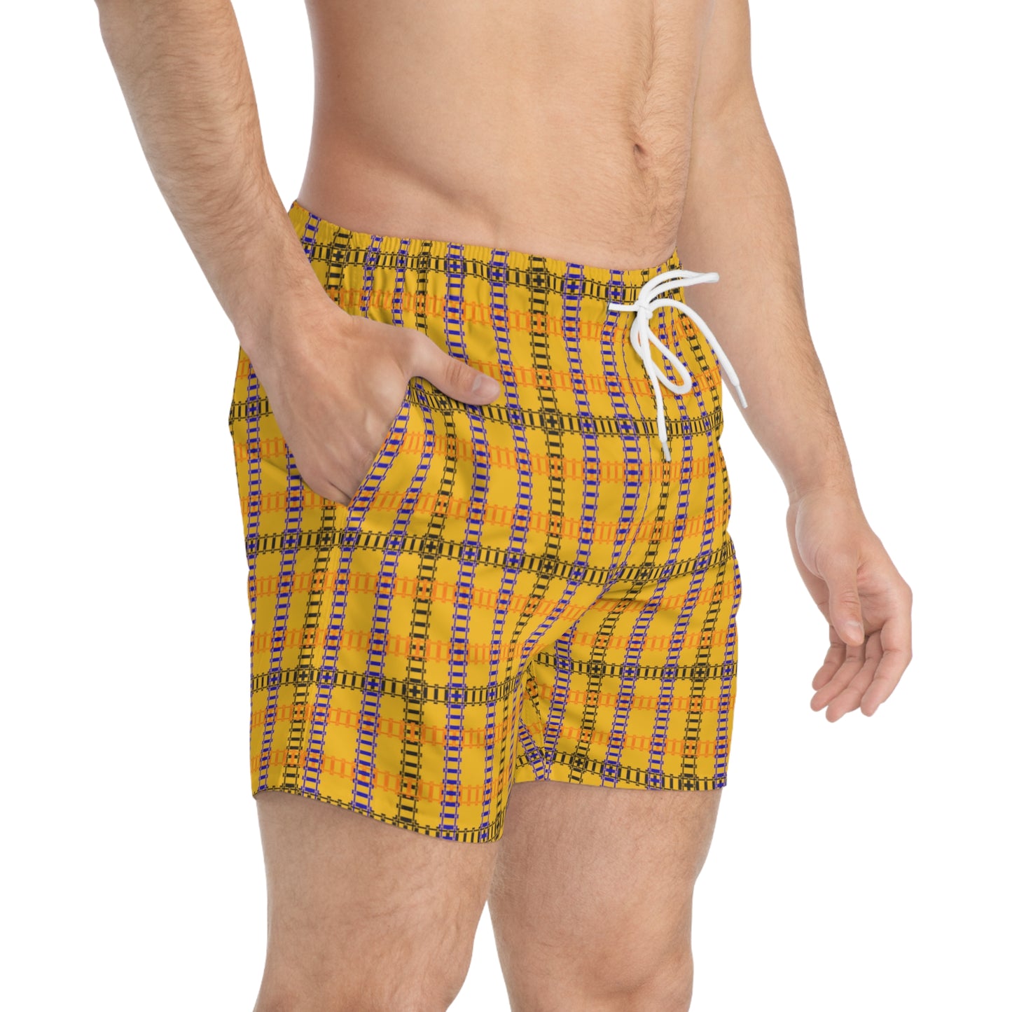 Vibrant Checkered Swim Trunks Beachwear for Summer Fun Vacation Essential Pool Party MustHave Mens Swim Shorts Train Tracks Yellow