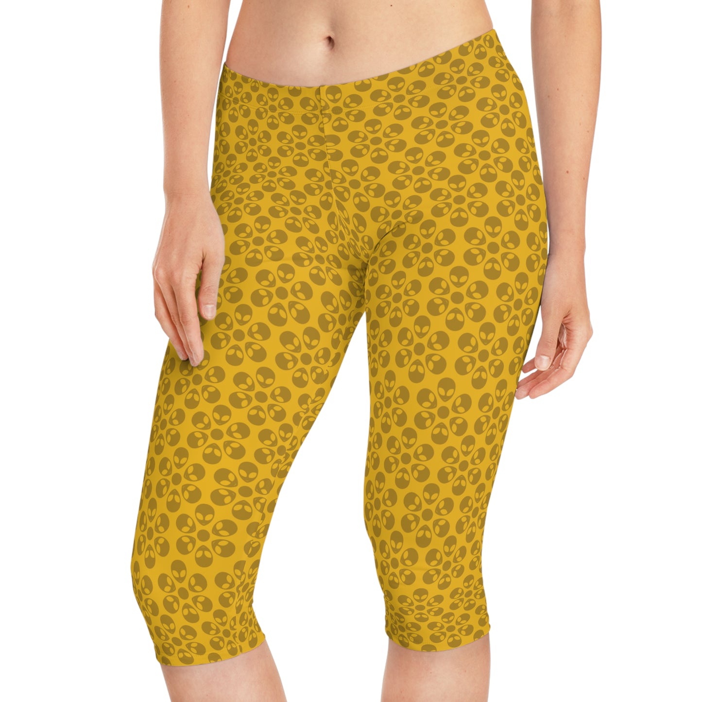 Womens Capri Leggings Alien Flowers Yellow