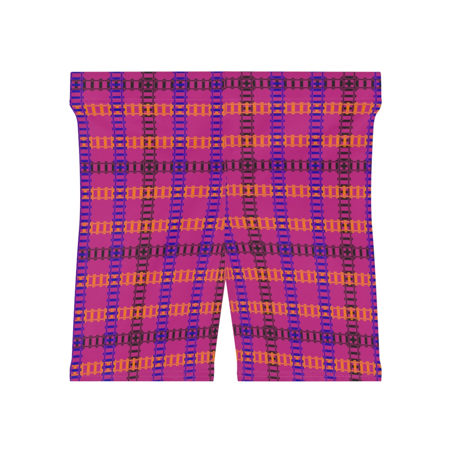 Stylish Womens Biker Shorts  Plaid Pattern Comfortable Activewear Summer Essentials Workout Gear Casual Fashion Gift Idea Train Tracks Pink