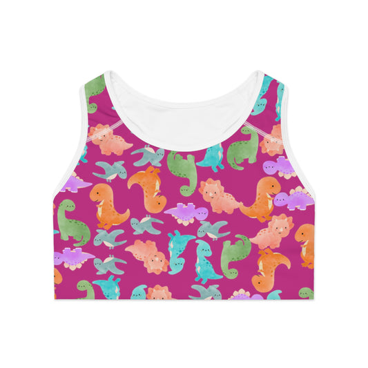 Colorful Dinosaur Print Sports Bra Cute Activewear Gym Top Fitness Wear Gifts for Her Workout Clothing Rainbow Dinos Pink