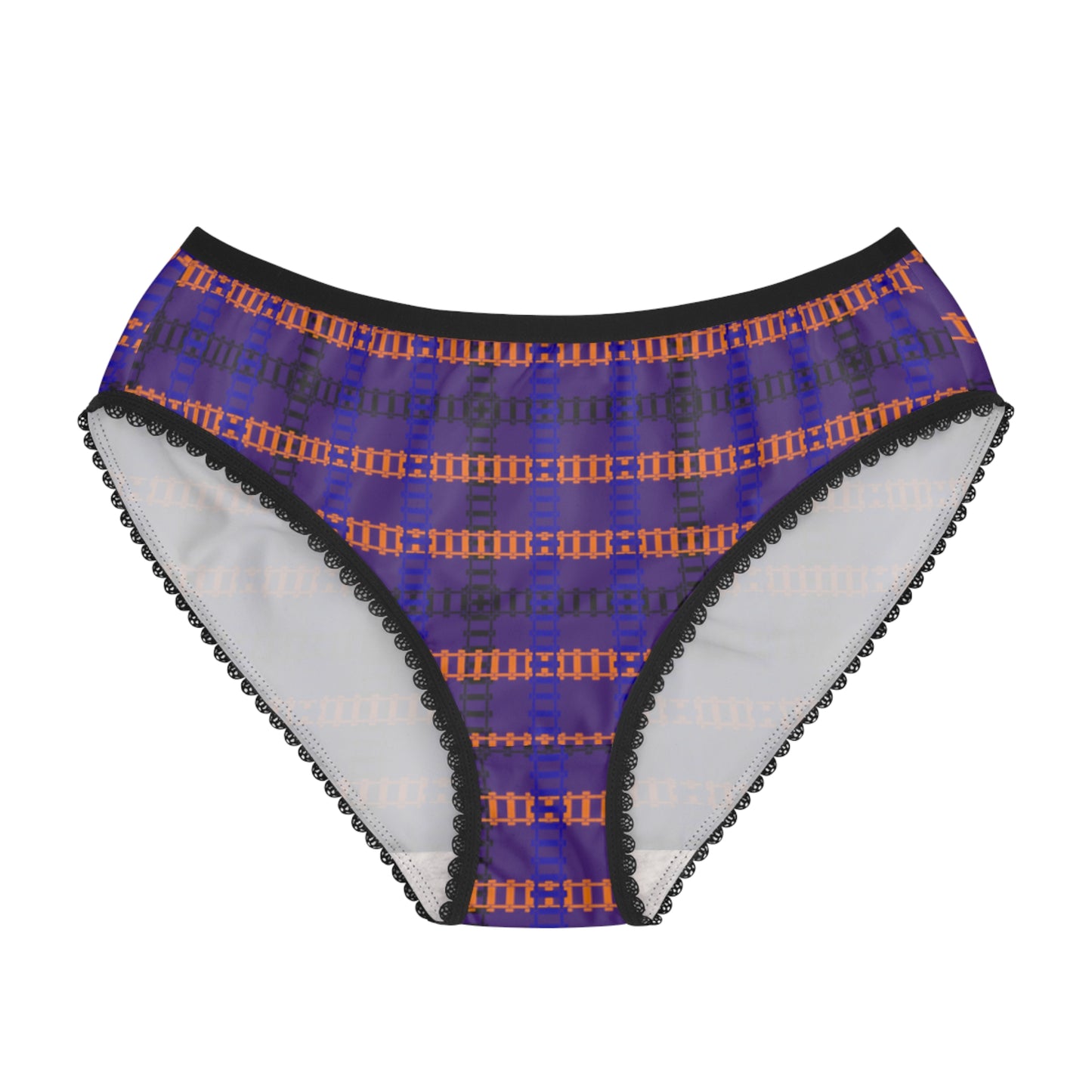 Colorful Patterned Womens Briefs with Lace Trim Comfortable Everyday Panties Unique Gifts for Her Fashionable Loungewear Fun and [...] Train Tracks Purple
