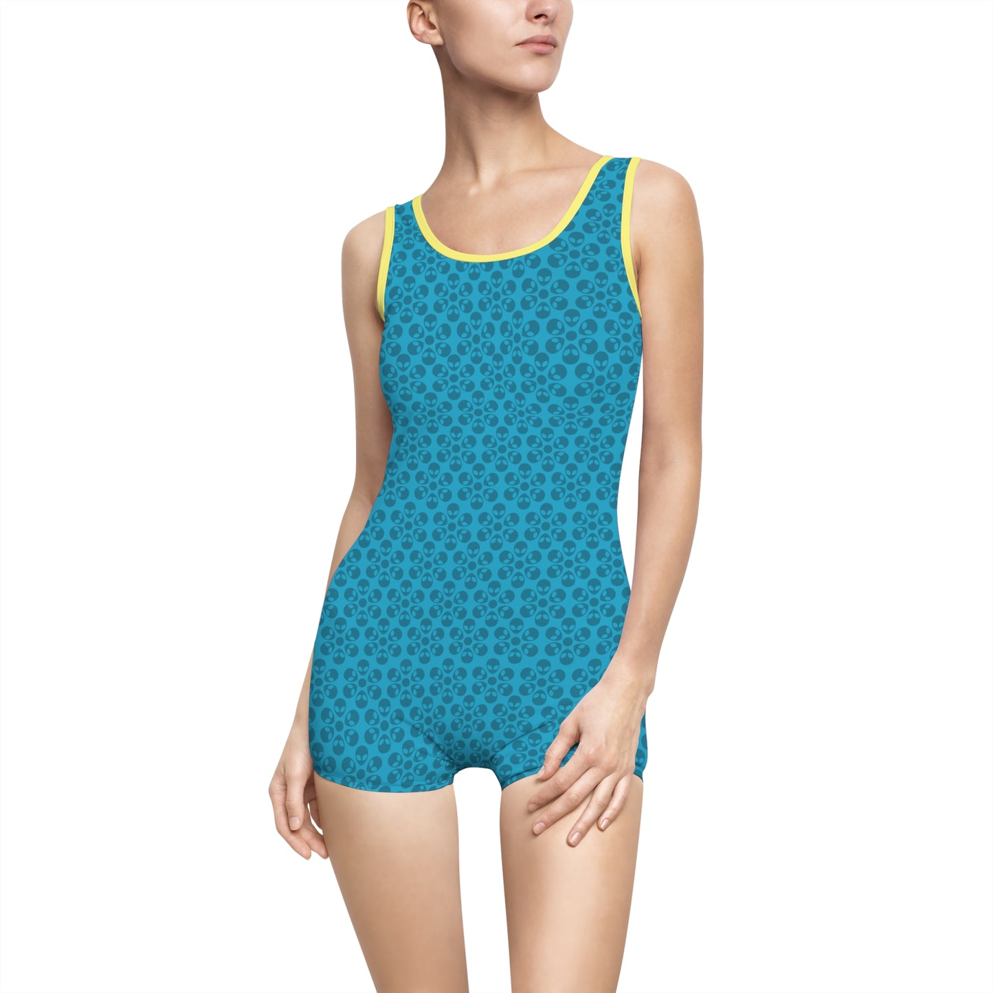 Womens Vintage Swimsuit  Alien Flowers Turquoise
