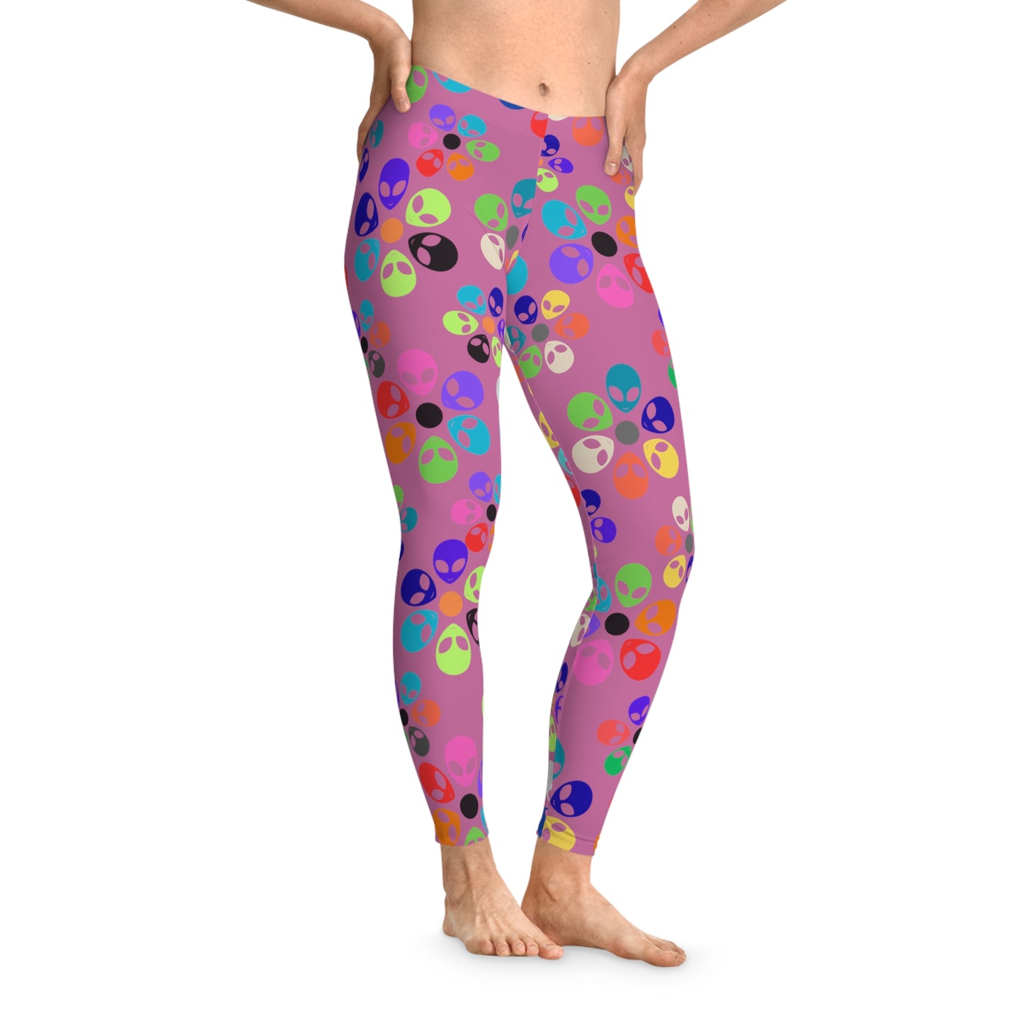 Colorful Alien Print Leggings Funky Fitness Tights Stretchy Activewear Fun Gym Leggings Quirky Casual Pants Gift for Alien Enthusiasts Alien Rainbow Flowers Light Pink