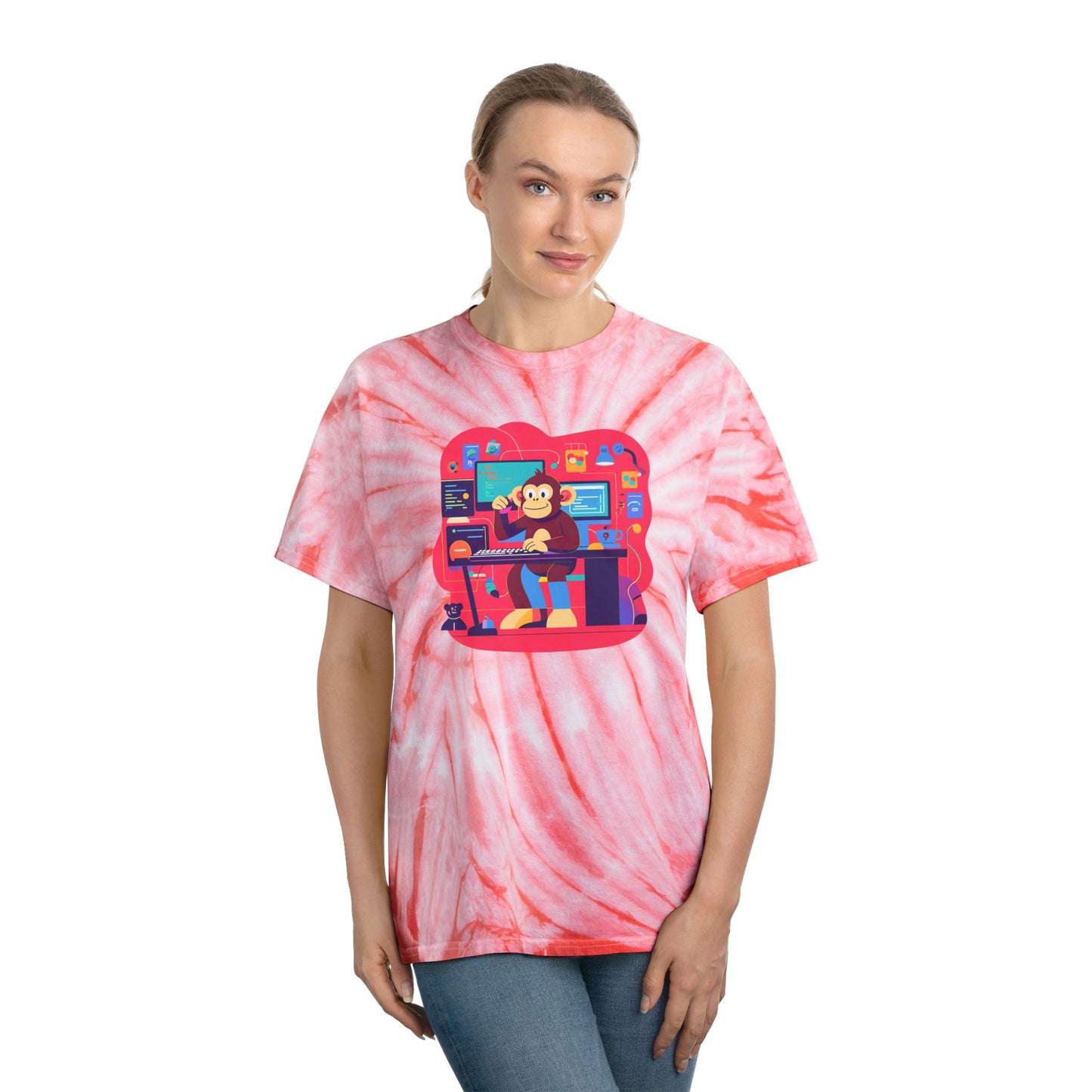 Cheerful Tie-Dye Tee, Cyclone Monkey Graphic, Casual Summer Shirt, Fun Gift for Gamers, Bright Festival Wear, Artistic Streetwear