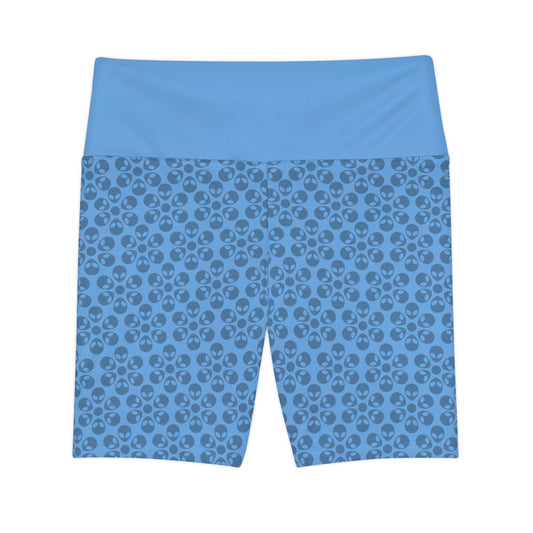 Womens Workout Shorts  Alien Flowers Light Blue