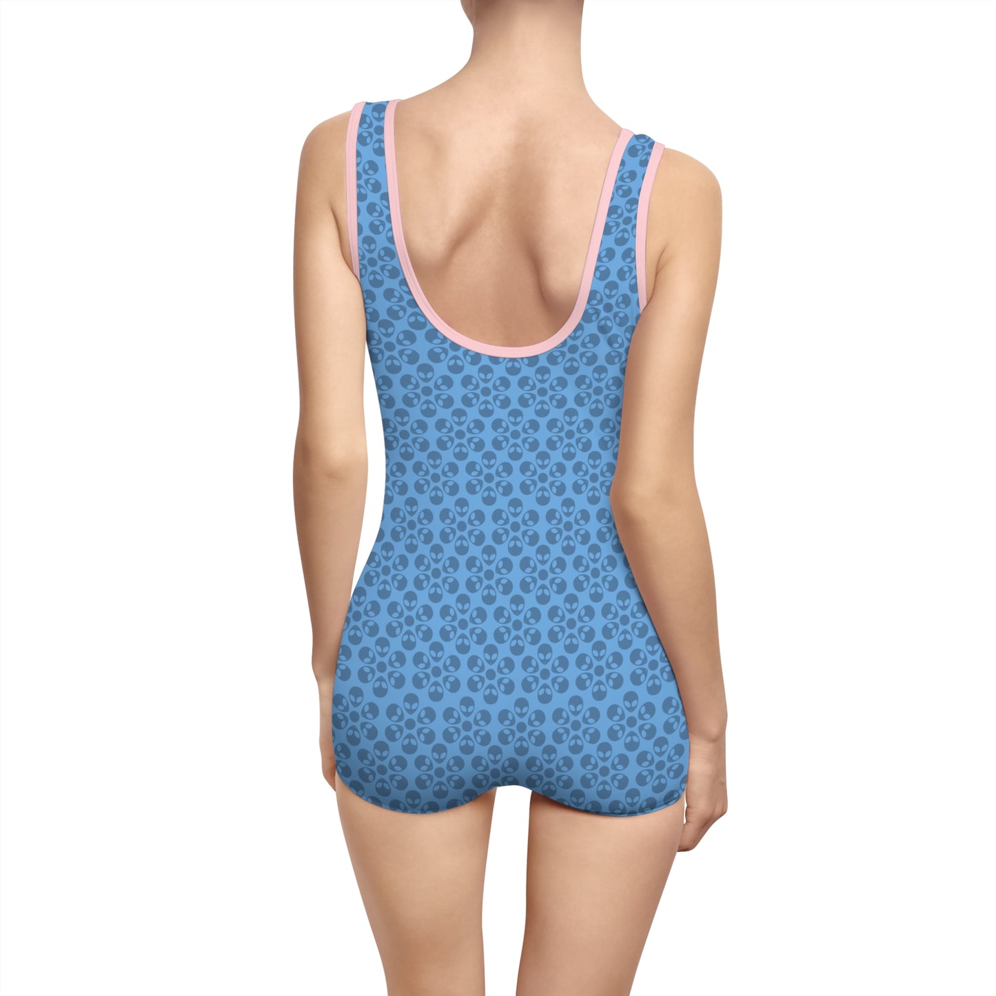 Womens Vintage Swimsuit  Alien Flowers Light Blue