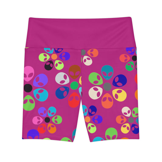 Colorful Alien Print Workout Shorts for Women Trendy Fitness Shorts Activewear Summer Gear Yoga Shorts Casual Sportswear Alien Rainbow Flowers Pink