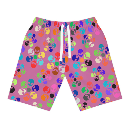 Colorful Alien Print Athletic Shorts Summer Workout Casual Beachwear Gift for SciFi Lovers Fun Outdoor Sports Gear Alien Rainbow Flowers Light Pink