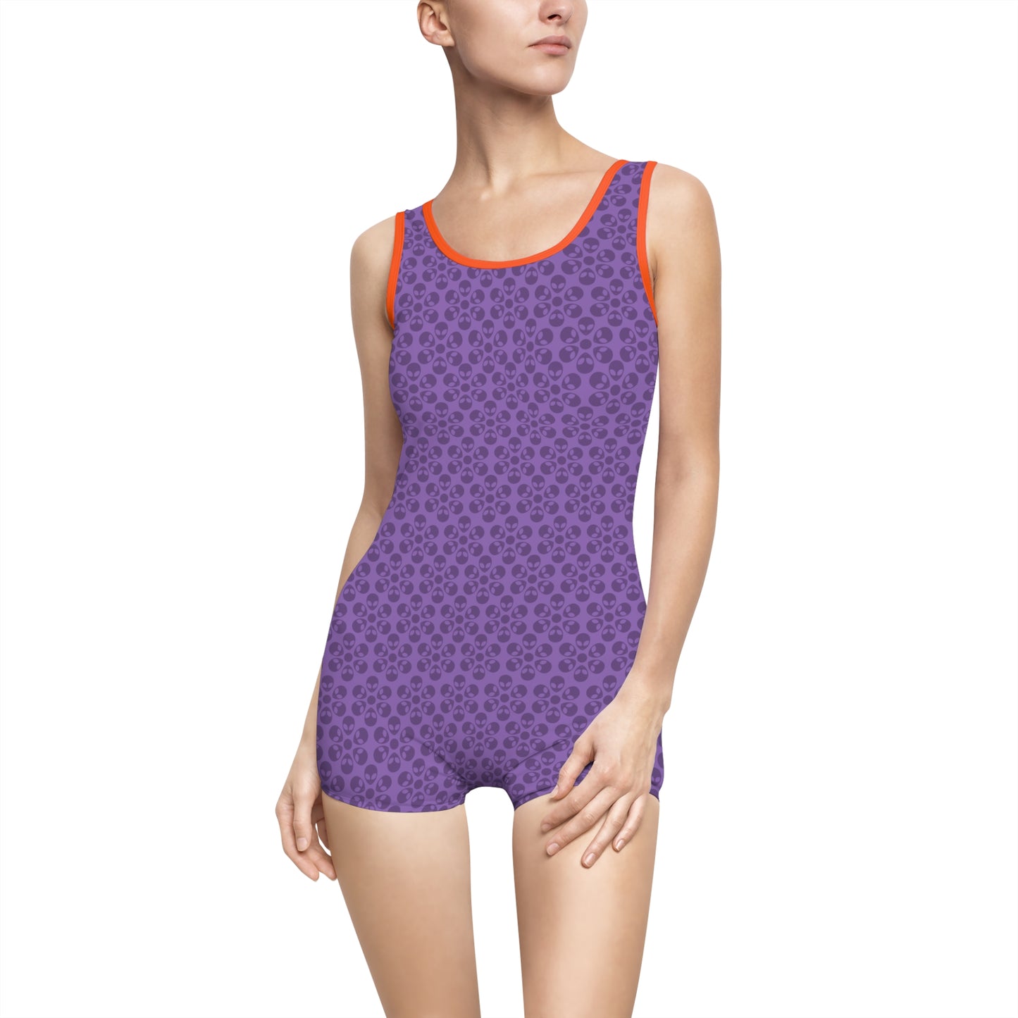 Womens Vintage Swimsuit  Alien Flowers Light Purple