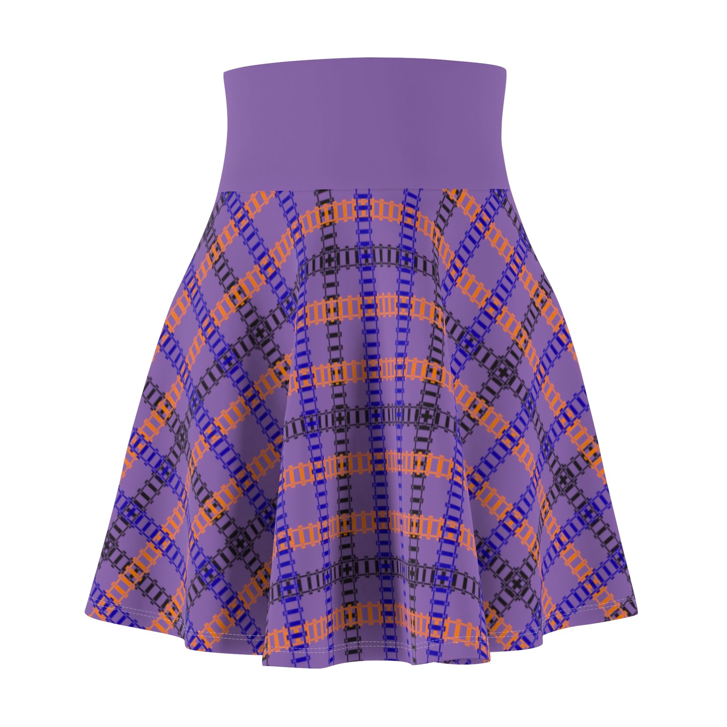 Stylish Womens Plaid Skater Skirt Trendy AOP Skirt Casual Everyday Wear Festive Outfit Summer Fashion 90s Vintage Inspired Train Tracks Light Purple