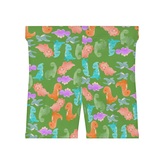 Colorful Dinosaur Womens Biker Shorts  AOP Perfect for Casual Wear workout Summer Birthdays Playdates Unique Gift Rainbow Dinos Green