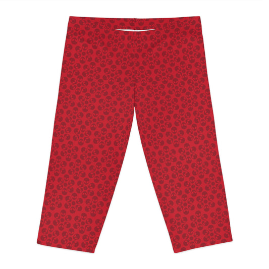 Womens Capri Leggings Alien Flowers Dark Red