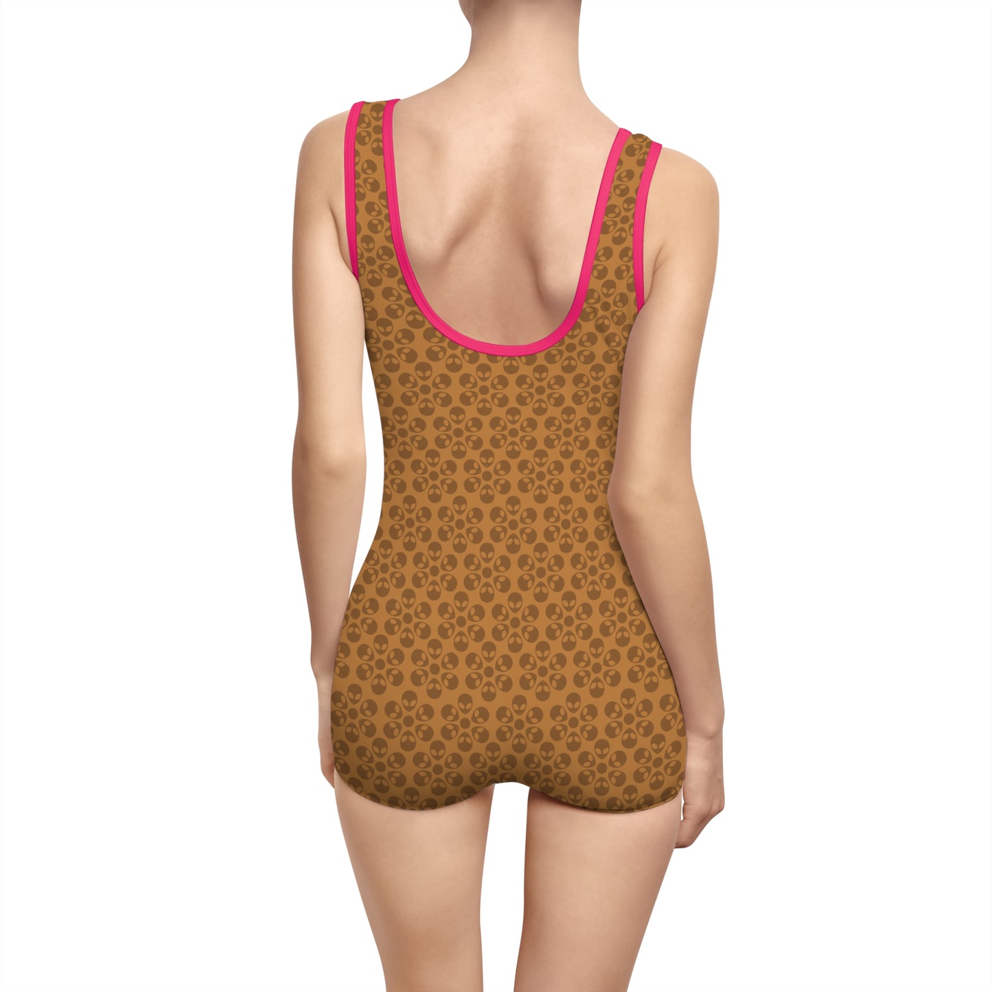 Womens Vintage Swimsuit  Alien Flowers Light Brown