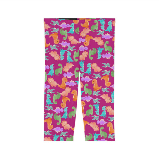 Women’s Capri Leggings  Rainbow Dinos Pink