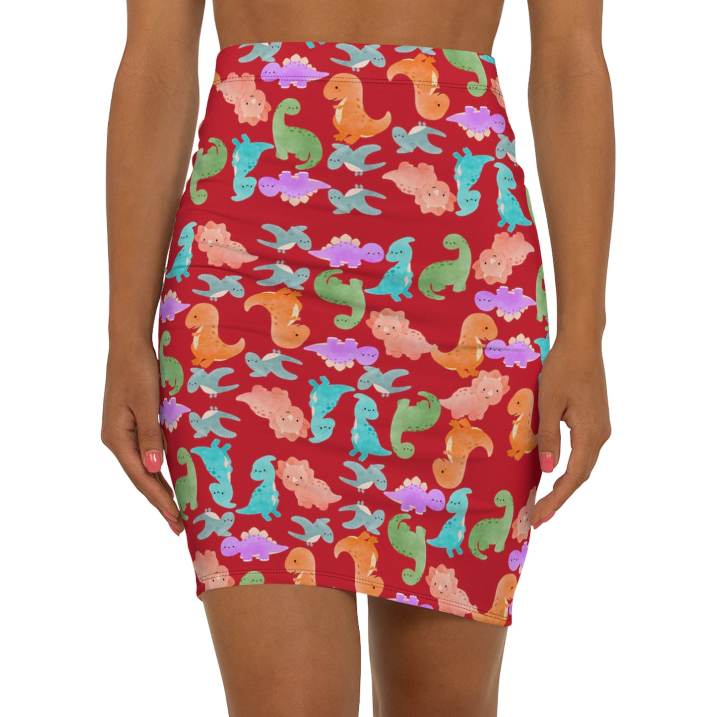 Dinosaur Print MidWaist Pencil Skirt for Fun and Playful Style Womens Skirt Cute Skirt Fashionable Skirt Casual Skirt Gift Idea Rainbow Dinos Dark Red