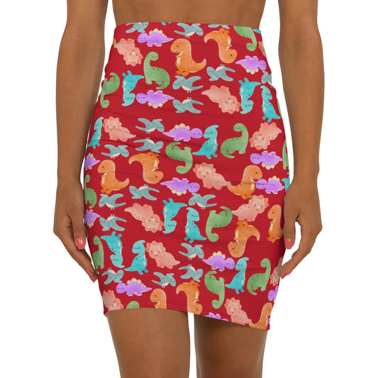 Dinosaur Print MidWaist Pencil Skirt for Fun and Playful Style Womens Skirt Cute Skirt Fashionable Skirt Casual Skirt Gift Idea Rainbow Dinos Dark Red