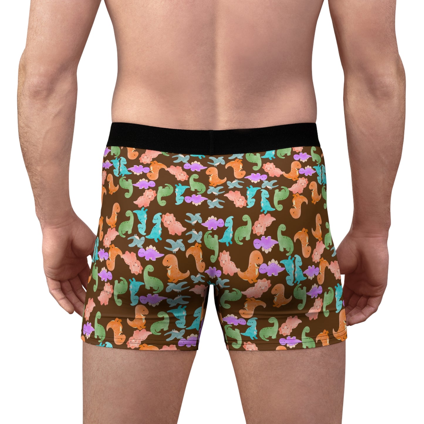 Playful Dino Print Mens Boxer Briefs Fun Underwear Colorful AOP Briefs Gift for Him Beach Vibe Loungewear Rainbow Dinos Brown