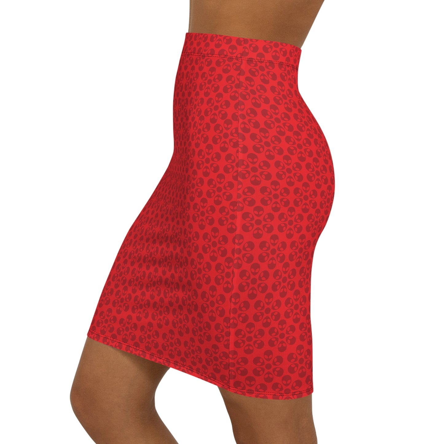 Womens MidWaist Pencil Skirt  Alien Flowers Red