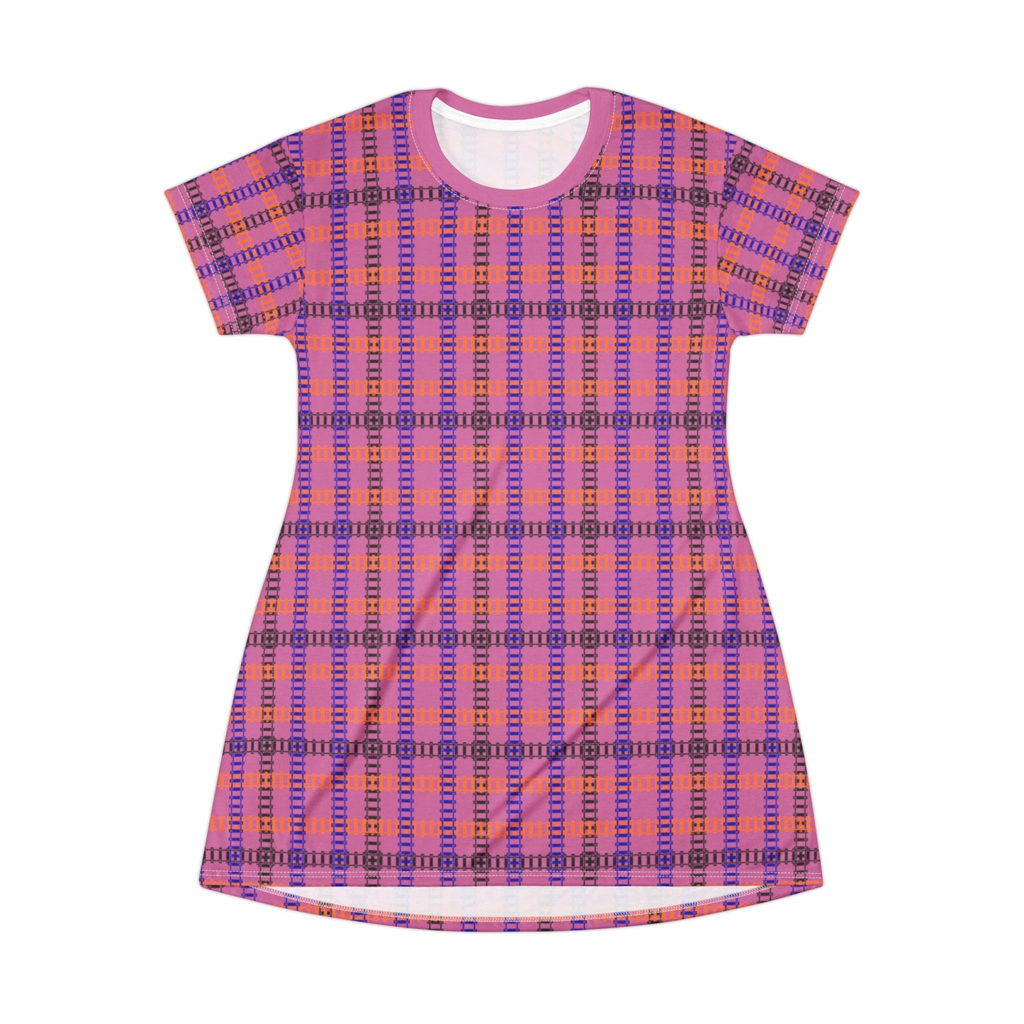 Vibrant Checkered TShirt Dress Casual Summer Dress Boho Fashion Everyday Wear Relaxed Fit Dress Colorful Outfit Train Tracks Light Pink