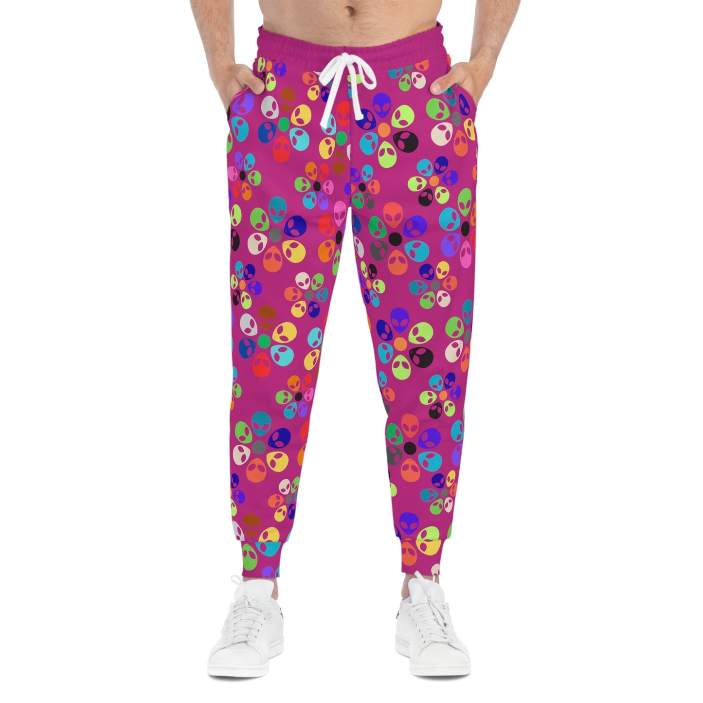 Colorful Alien Print Joggers Fun Athletic Pants Trendy Loungewear Unique Gift for Space Lovers Casual Daily Wear Unisex Joggers Alien Rainbow Flowers Pink