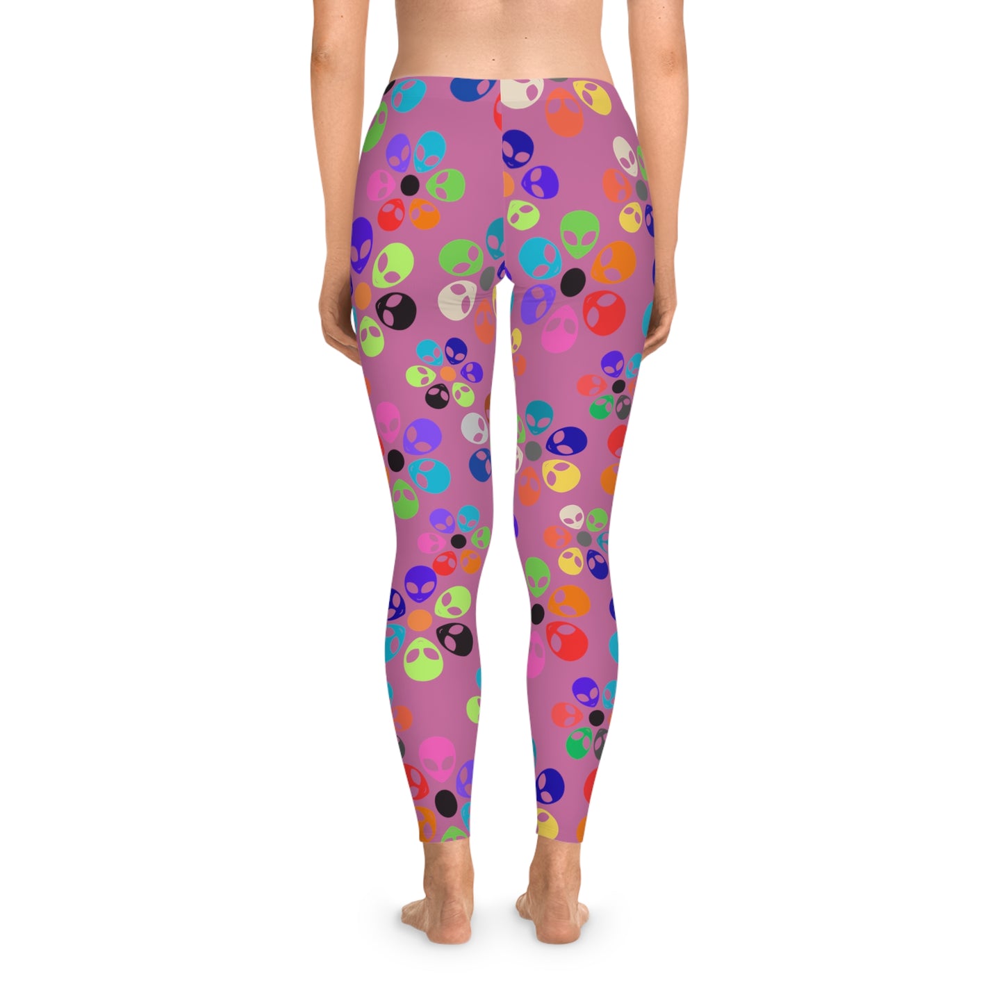 Colorful Alien Print Leggings Funky Fitness Tights Stretchy Activewear Fun Gym Leggings Quirky Casual Pants Gift for Alien Enthusiasts Alien Rainbow Flowers Light Pink