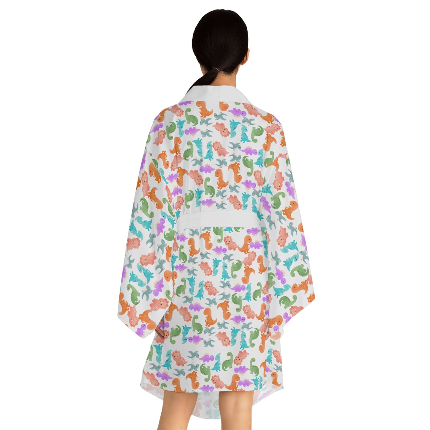 Vibrant Dino Print Long Sleeve Kimono Robe for Relaxation Loungewear Gift Summer Nights Cozy Style Rainbow Dinos Pink