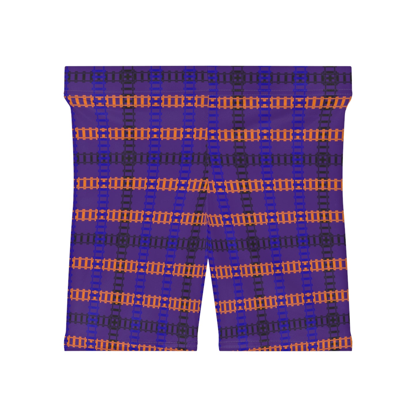 Stylish Womens Biker Shorts  Plaid Pattern Comfortable Activewear Summer Essentials Workout Gear Casual Fashion Gift Idea Train Tracks Purple