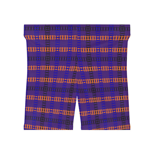 Stylish Womens Biker Shorts  Plaid Pattern Comfortable Activewear Summer Essentials Workout Gear Casual Fashion Gift Idea Train Tracks Purple