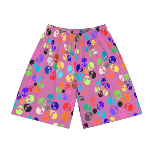 Colorful Alien Print Mens Sports Shorts Fun Workout Gear Casual Summer Shorts Gift for SciFi Fans Vibrant Athletic Wear Alien Rainbow Flowers Light Pink