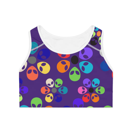 Colorful Floral Print Sports Bra for Activewear Workout Gear Gift for Her Yoga Top Festival Wear Alien Rainbow Flowers Purple