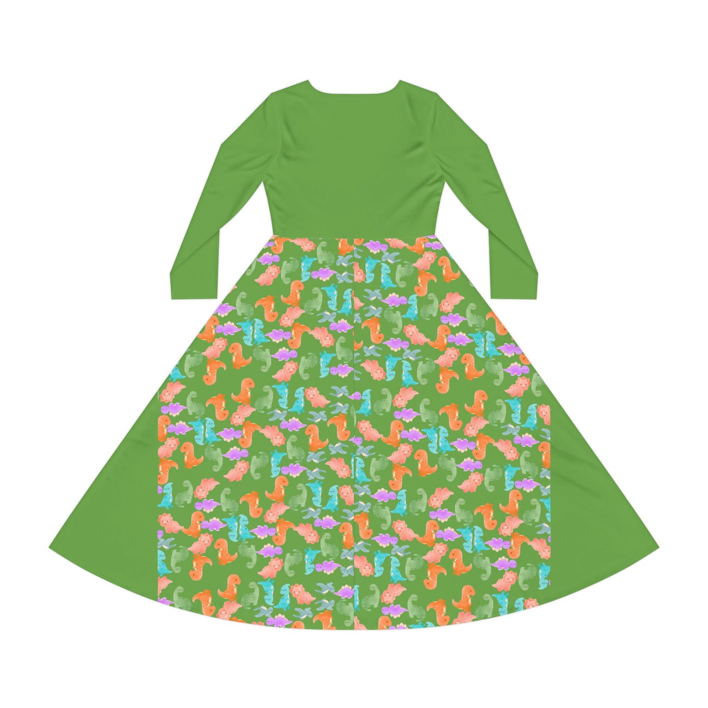 Colorful Long Sleeve Dance Dress Perfect for Parties Dance Events Spring Celebrations Playful Kids Dress Trendy Casual Wear Rainbow Dinos Green