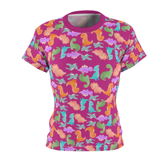 Colorful Dino Womens Tee Cute Summer Top Vibrant Casual Shirt Sea Animal Print Tee Gifts for Ocean Lovers Beachwear Rainbow Dinos Pink