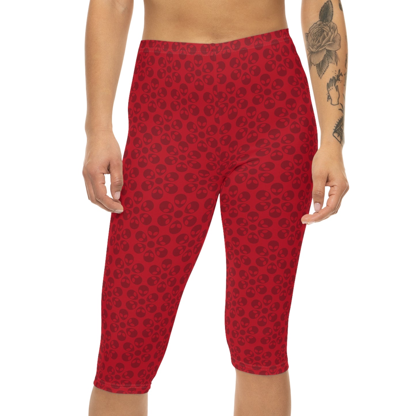 Women’s Capri Leggings Alien Flowers Dark Red