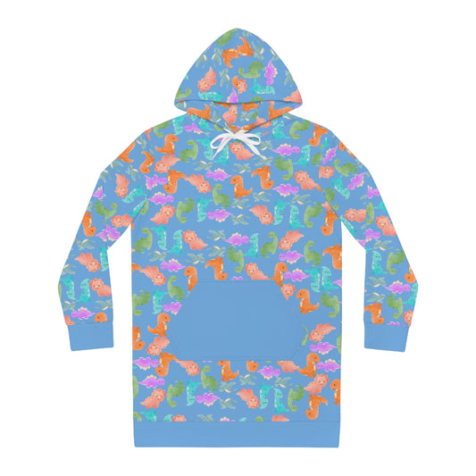 Womens Hoodie Dress Rainbow Dinos Light Blue